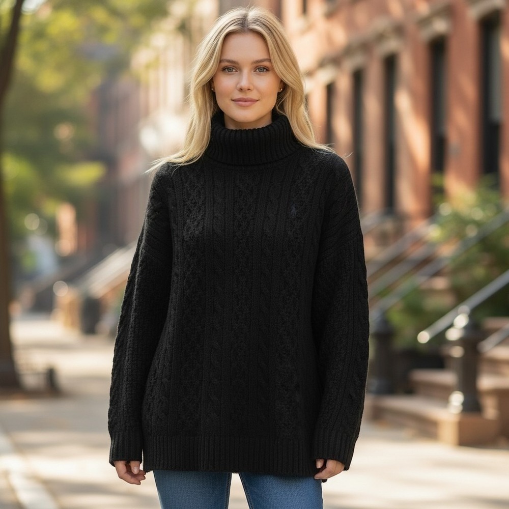 Polo Ralph Lauren Black Cable-Knit Turtleneck Sweater Wool Cashmere 2XL Preppy